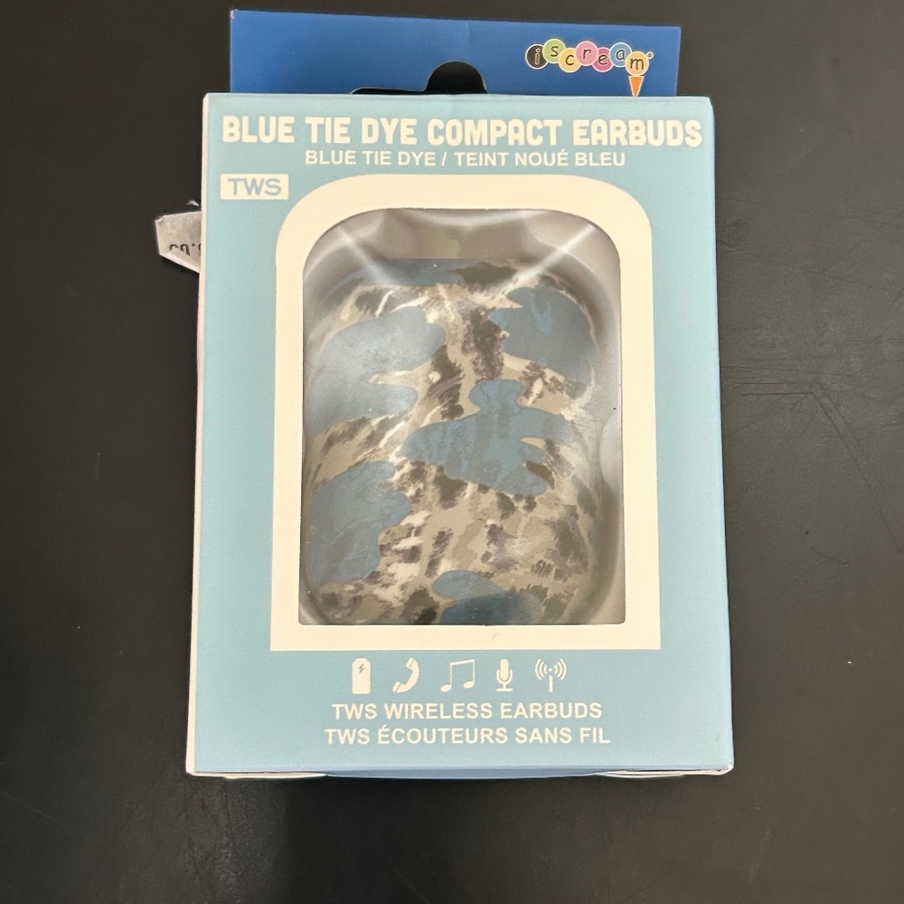 Set of Tie-Dye Bluetooth EarBuds With Charging Case and USB Cable. NWT